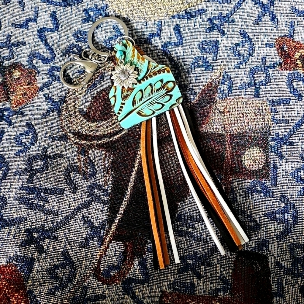 Stamped Cowtag Sunflower With Stone Accents And Leather Tassel Key…